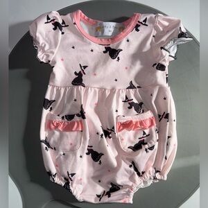 Pink Baby Romper with Flying Witch Print, Halloween, Ruffles
